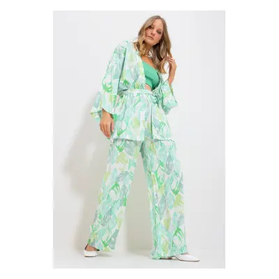 Trend Alaçatı Stili Women's Green Kimono Jacket And Palazzo Pants Set