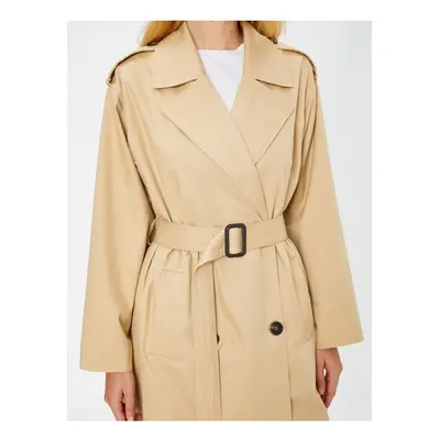 Koton Trench Coat Midi Length Belted Pocket Detailed Buttoned