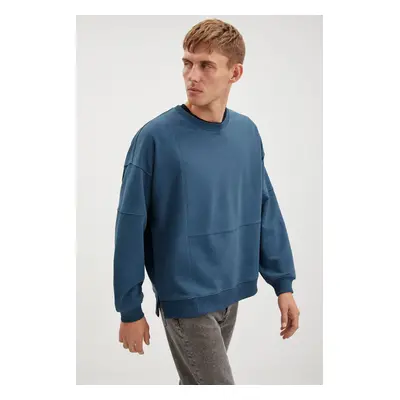 GRIMELANGE Allen Men's Pieced Long Back Slit Fleece Round Neck Petrol Green Sweatshirt