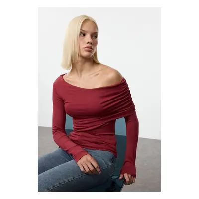 Trendyol Claret Red Asymmetric Collar Fitted/Fits Body Flexible Knitted Blouse