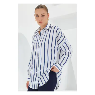 Bigdart Women's White Navy Blue Striped Oversize Basic Shirt