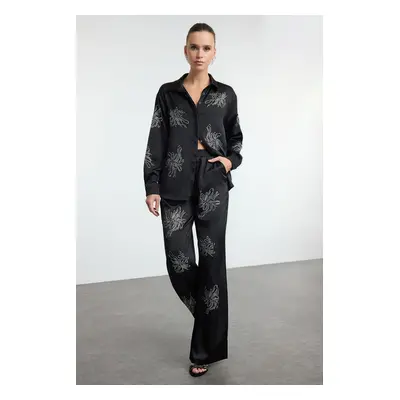 Trendyol Black Shiny Stone Printed Satin Woven Trousers