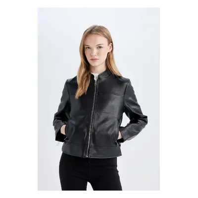 DEFACTO Regular Fit Zippered Pocket Black Faux Leather Jacket