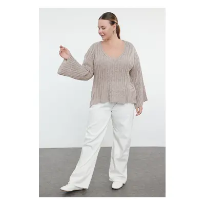 Trendyol Curve Stone V Neck Ribbed Knitwear Sweater