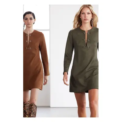 Trendyol Limited Edition Khaki Accessory Detailed Suede Mini Winter Woven Dress