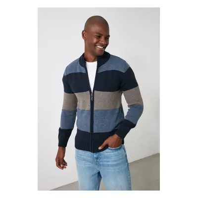 Trendyol Navy Blue Slim Wool Half Turtleneck Color Block Knitwear Cardigan