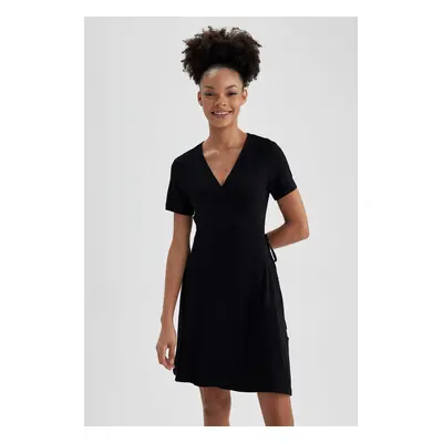 DEFACTO A-Line Wrap Collar Mini Short Sleeve Dress