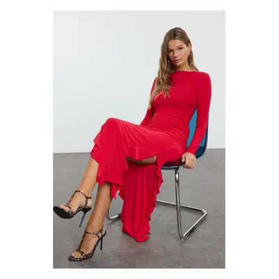 Trendyol Red Straight Skirt Flounced Boat Rock Maxi Stretchy Knitted Knitted Dress