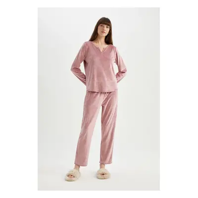 DEFACTO Fall In Love Pajama Set V Neck Velour Long Sleeve Top Elastic Waist Bottom