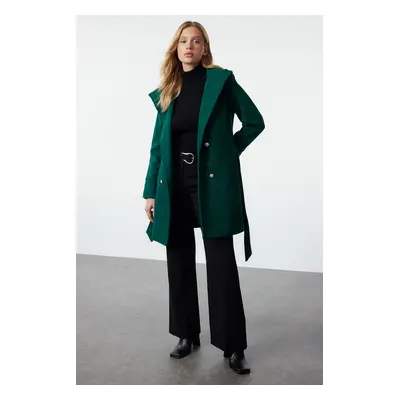 Trendyol Dark Green Belted Gold Button Detailed Soft Textured Cashmere Coat