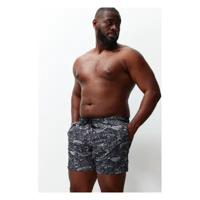 Trendyol Black Plus Size Printed Swim Shorts