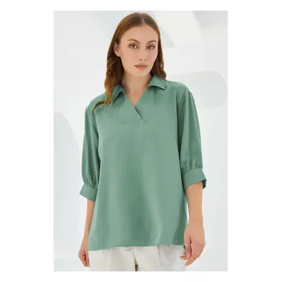 Bigdart Women's Green Shirt Collar Satin Blouse