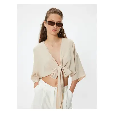 Koton Crop Top V-Neck Tie Detailed Oversize Kimono Sleeve