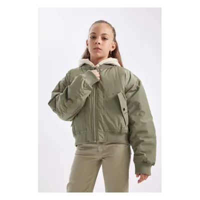 DEFACTO Girl's Removable Hooded Ribbed Sleeved Snap Pocket Bomber Jacket