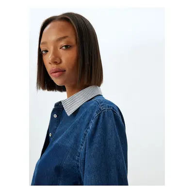 Koton Denim Shirt Crop Long Sleeve Classic Collar Pocket Detail Button Up