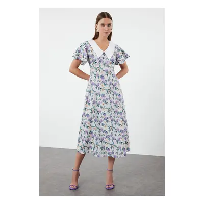 Trendyol Purple Floral Patterned Collar Detailed Midi Woven Dress