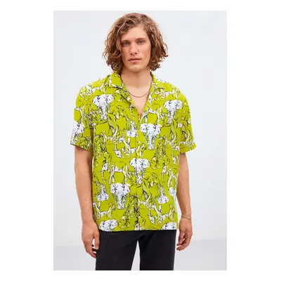 GRIMELANGE Evora Men's Tiril Tiril Fabric Loose Woven Wide Fit Summer Green Shirt