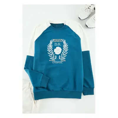 Trendyol Navy Blue Oversize/Wide Cut Raglan Sleeve Color Block Printed Cotton Sweatshirt