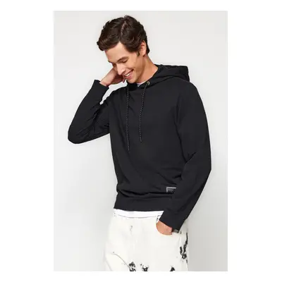 Trendyol Černá Regular/Regular Fit kapucí Označená Fleece Silná Mikina