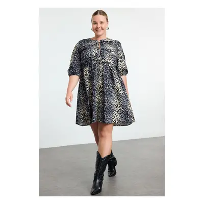 Trendyol Curve Multicolored Bow 100% Cotton Leopard Print A-Line Woven Plus Size Dress