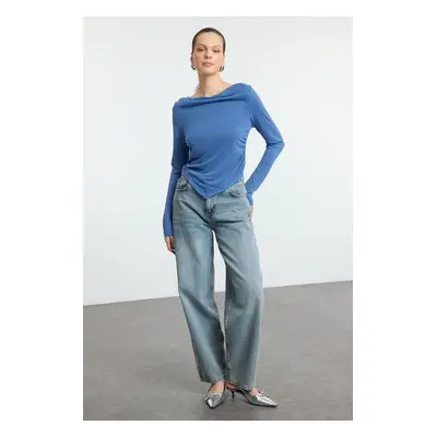 Trendyol Indigo Modal Fabric Cowl Collar Draped Padded Asymmetric Knitted Blouse