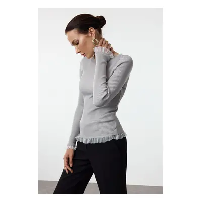 Trendyol Gray Tulle Detailed Thin Knit Sweater