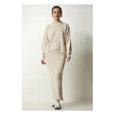 Happiness İstanbul Women's Beige Corded Knitwear Sweater Dress