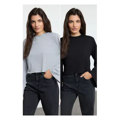 Trendyol Black-Grey Melange 2-Pack 100% Cotton Spanish Sleeve Knitted T-Shirt