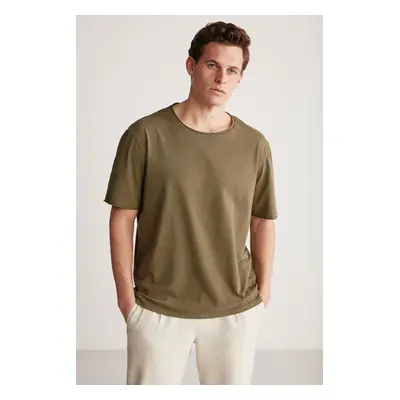 GRIMELANGE Davinson Men's Open Collar Oversize Fit 100% Cotton Khaki T-shir