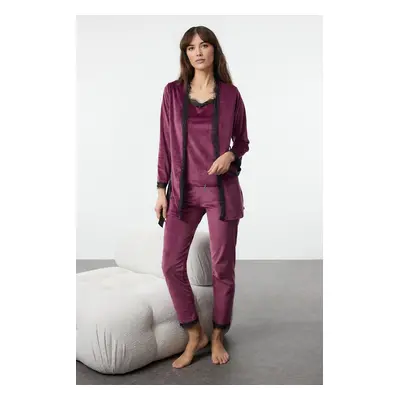 Trendyol Plum 3-Piece Belted Lace Detailed Velvet Knitted Pajama Set