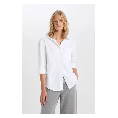 DEFACTO Oversize Wide Fit Pocket Basic Plain Poplin Long Sleeve White Shirt