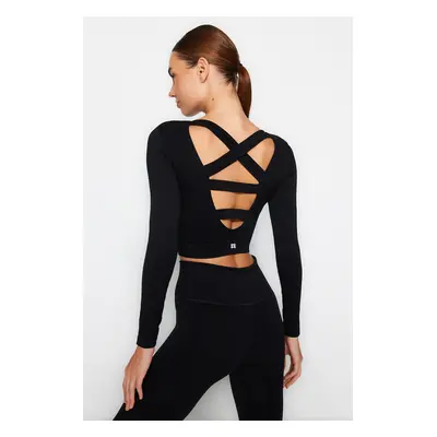 Trendyol Black Seamless/Seamless Back and Reflector Print Detailed Crop Knitted Sports Top/Blous