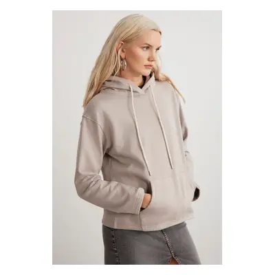 GRIMELANGE Gayle Women's Hooded Fleece Relaxed Fit Basic Beige Sweatshirt