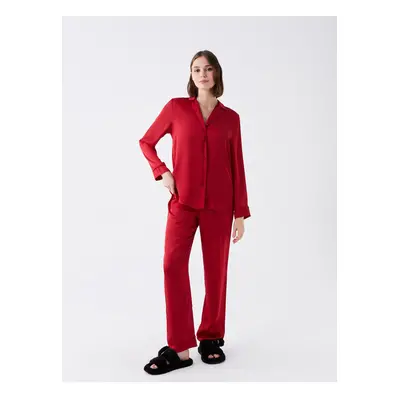 LC Waikiki Women's Shirt Collar Plain Long Sleeve Satin Pajamas Set