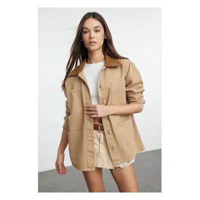 Trendyol Brown Suede Contrast Collar Denim Shirt Jacket