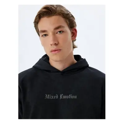 Koton Hooded Sweatshirt Slogan Embroidered Basic Washed Cotton Blend