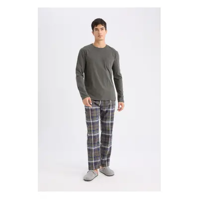 DEFACTO Pajama Set Regular Fit Long Sleeve Basic Plain Top Plaid Bottom