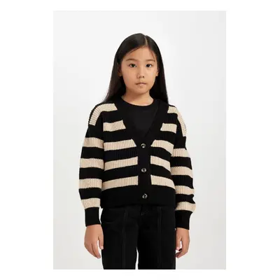 DEFACTO Girl V Neck Striped Buttoned Knitted Cardigan