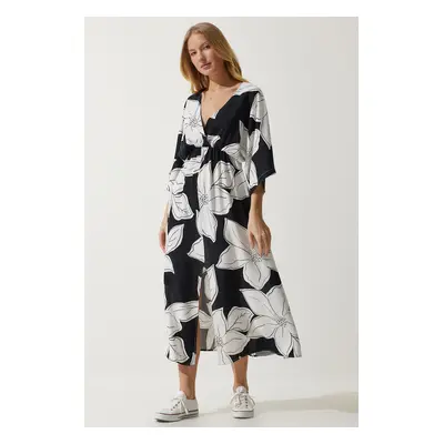 Happiness İstanbul Women's Black and White Wrapover Neck Patterned Summer Viscose Dress