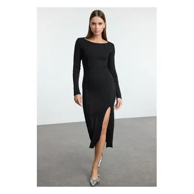 Trendyol Black Straight Slit Midi Boat Neck Fitted/Fits Slit Knit Dress