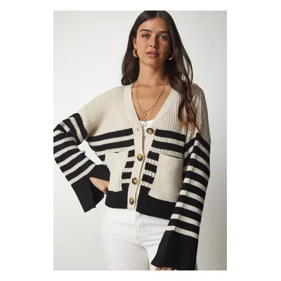 Happiness İstanbul Women's Beige Black Striped Pocket Knitwear Cardigan