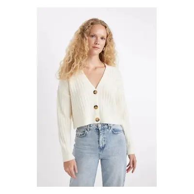 DEFACTO Regular Fit V Neck Basic Plain Buttoned Knitwear Cardigan