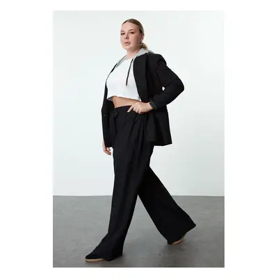 Trendyol Curve Black Elastic Elastic Waist Belted Wide Leg Woven Plus Size Trousers