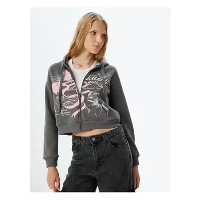 Koton Crop Sweatshirt Zippered Hooded Printed Pocket Detailed Raised