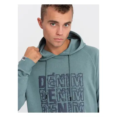 Ombre Men's non-stretch kangaroo sweatshirt with hood and print - turquoise