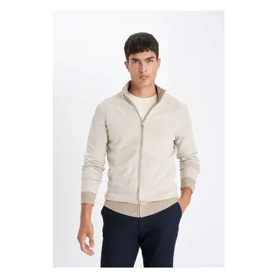 DEFACTO Beige Standard Fit Regular Cut Stand Collar Zippered Knitwear Cardigan