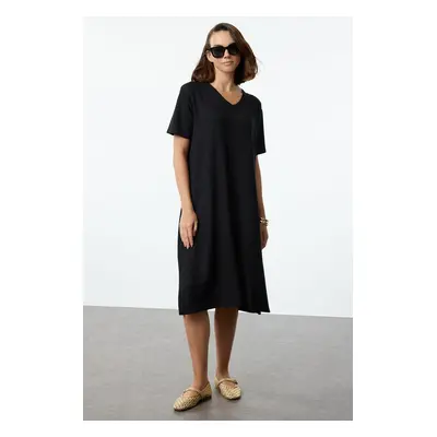 Trendyol Black Plain Maxi V Neck Relaxed/Comfortable Cut Flexible Maxi Knit Dress