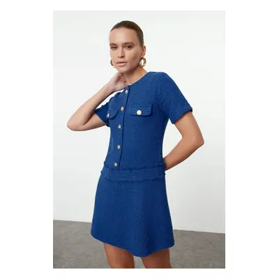 Trendyol Navy Blue A-Line Button Detailed Mini Tweed Woven Dress