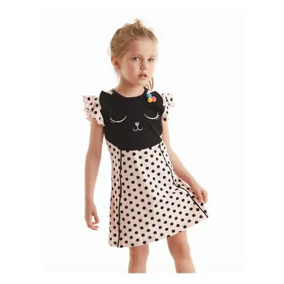 Denokids Pompom Polka Dot Cat Girl Frilly Pink Summer Dress