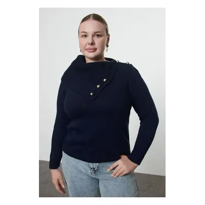 Trendyol Curve Ecru Wide Turtleneck Buttoned Knitwear Sweater